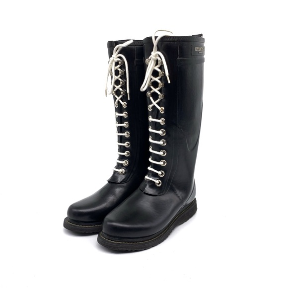 ILSE JACOBSEN Lace Up Wide Calf Rubber Boot Black 38 - Picture 1 of 15